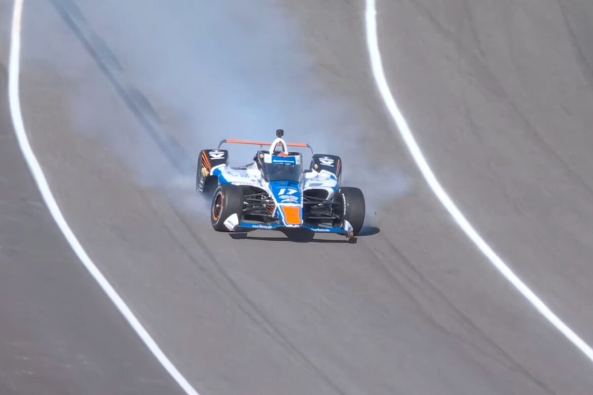 Kyle Larson collides with the wall and crashes during the Indy 500 practice session.