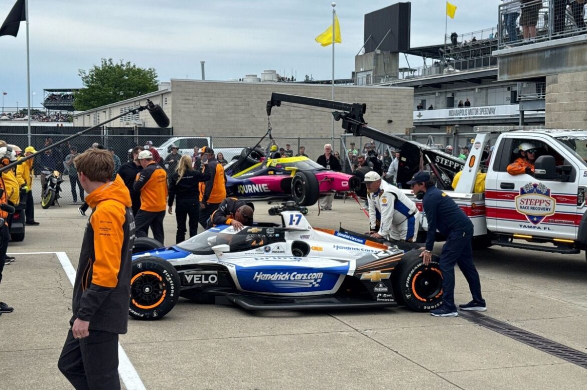 1748202762_larson.jpg Kyle Larson crashes during chaotic restart at the Indy 500.