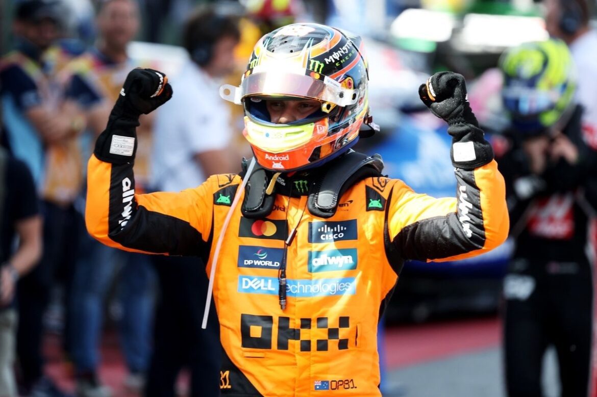 Oscar Piastri claims victory after Max Verstappen is penalized for incident with George Russell.