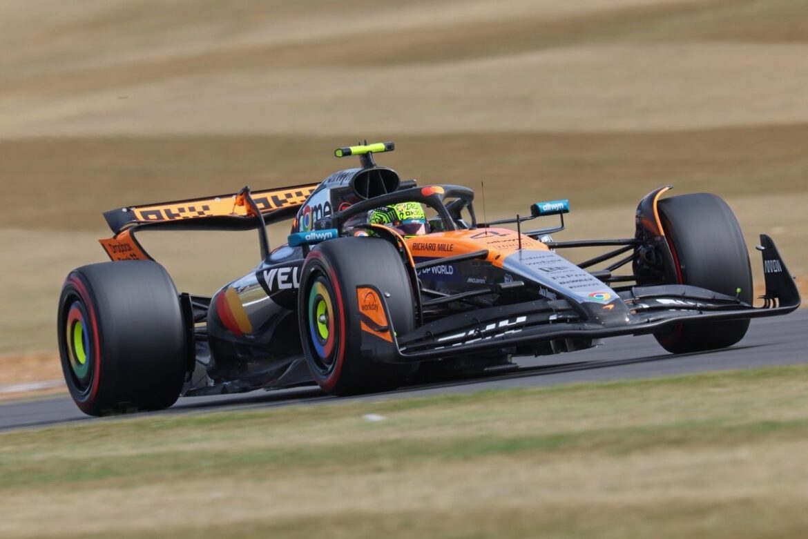 Lando Norris leads blustery FP2 session, outpacing Ferrari teammates.