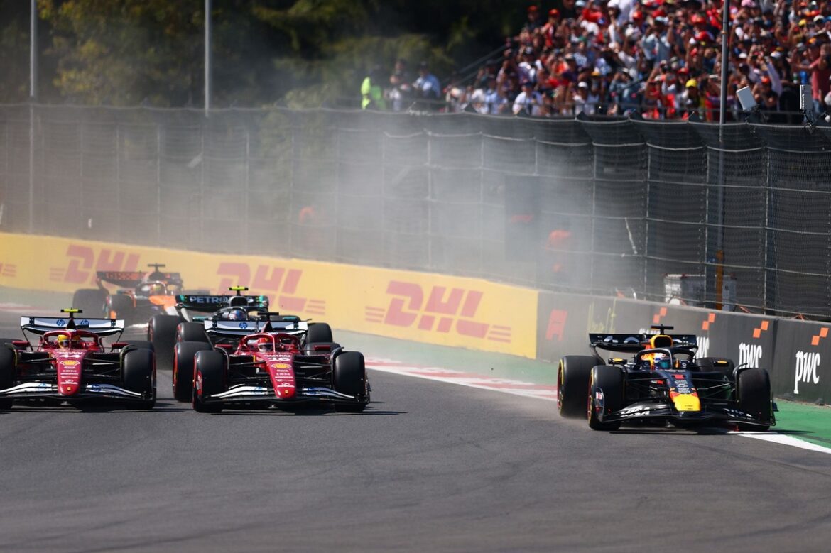 charles-leclerc-ferrari-lewis-.jpg George Russell criticizes "lawnmower racing" as F1 drivers navigate Turn 2 at the start of the Mexico GP.